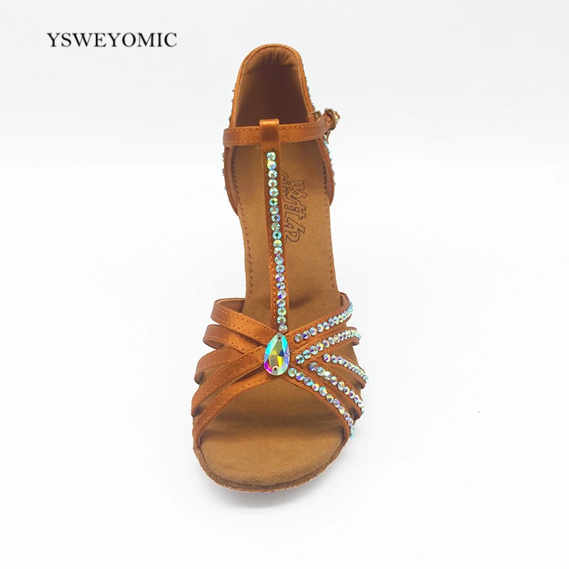 Latin Dancing shoes Women Soft Outsole Tan color 8.5cm slim high heel Rhinestones Latin Bachata Salsa Dance Shoes for Girls  013