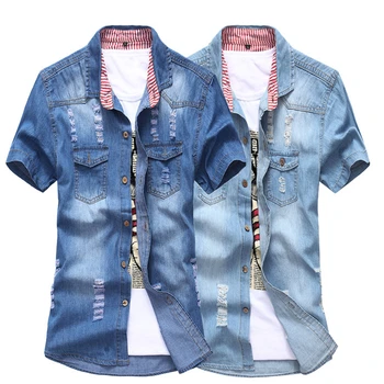 

New Men Short Sleeve Blue Ripped Jean Shirt Summer Thin Breathable Chemise Homme Fashion Casual Denim Shirts Camisa Masculina