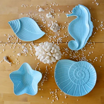 

New Mediterranean Style Decorative Shell Ceramic Scallop Starfish Fruit Plate Porch Sundries Key Storage Tray Home Accessories