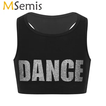 

Kids Girls Ballet Class Bra Tops Crop Top Shiny Letters DANCE Printed Tank Top Sports Gymnastics Stage Performance Dance Costume