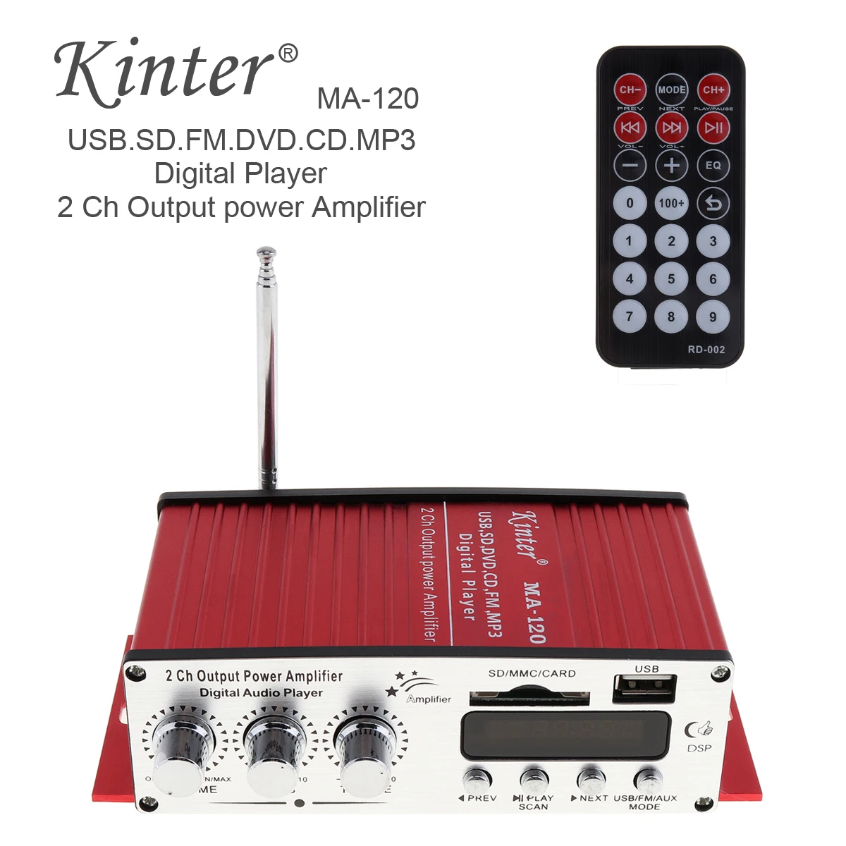 

Kinter MA-120 12V 2CH HIFI Car Power Amplifier FM Radio Stereo Music Player Support USB SD DVD MP3 Input for Auto Motorcycle
