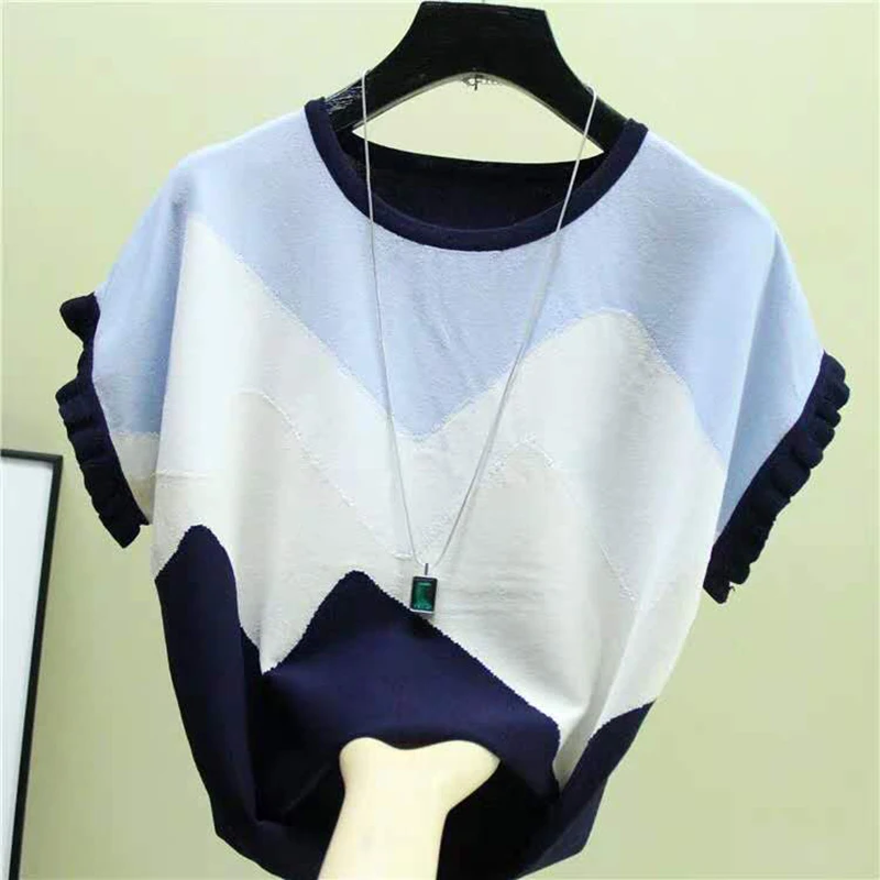

Hit The Color Thin Womens Pullovers 2021 Fashion Summer Women Sweater Knitted Elastic Short Sleeve Woman Clothes Sweater Femme