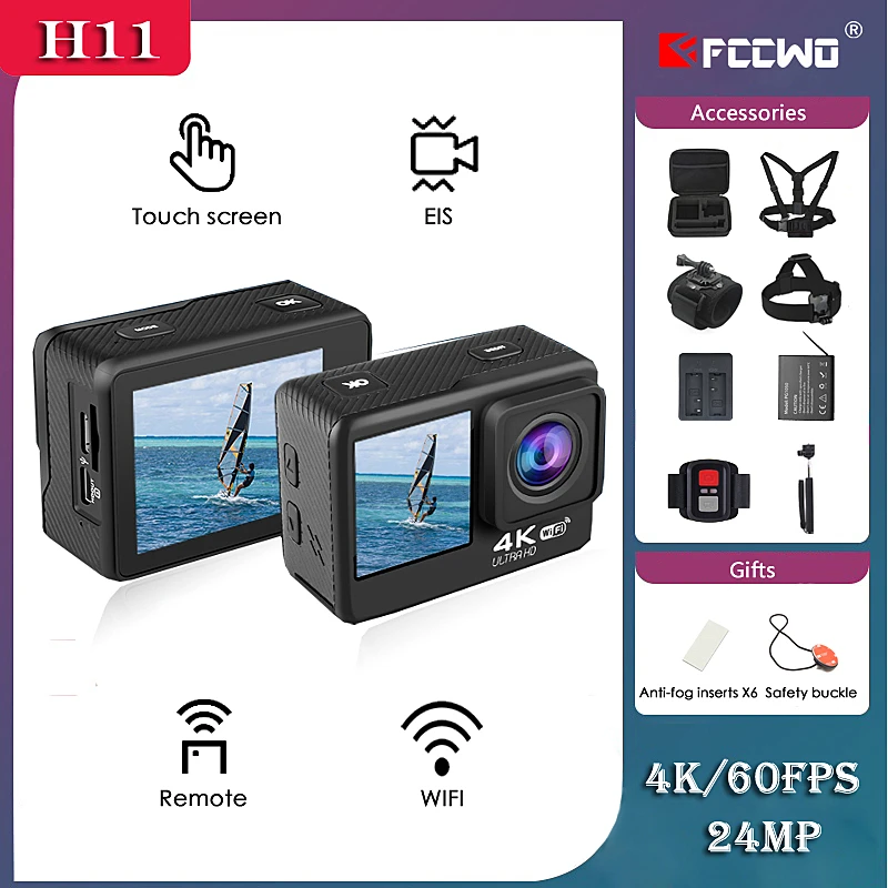 H11 acción Cámara 4K 60FPS 24MP 2,0 Touch LCD EIS Dual pantalla con WiFi Webcam impermeable casco deportes cámara de Video ir deporte pro vino