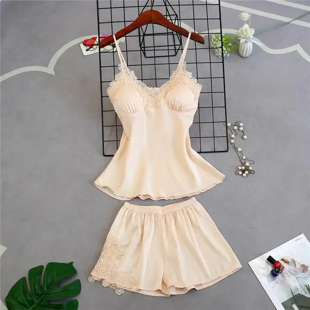 Pink Female Bride Bridesmaid Wedding Robe Sexy 2PCS Robe Set Classic Belt Sleepwear Nightgown Lace Patchwork Intimate Lingerie - Color: Beige Pajamas