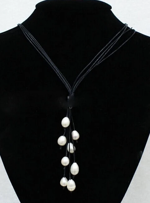 917 +++New Fashion Black Leather Rope &amp White Freshwater Pearl Necklace 20'' Long | Украшения и аксессуары