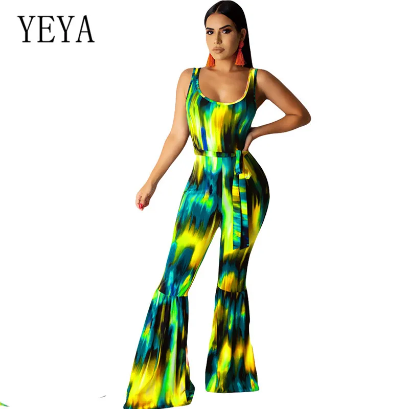 

YEYA Summer Sexy Backless Printed Tie-dyed Jumpsuits with Belt Elegant Sleeveless Hollow Out Women Long Overalls Retro Playsuits