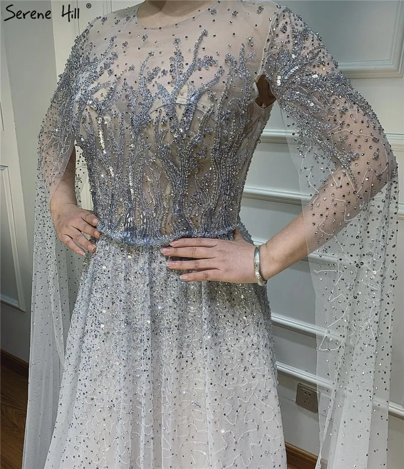 Серен Хилл серебристо-серое роскошное платье с длинным рукавом для выпускного вечера о-образный вырез А-силуэт шаль сексуальное официальное вечернее платье CLA60869