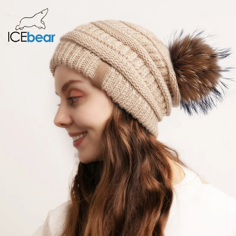 ICEbear зимняя шапка с помпоном Женская громоздкая шапочка из натурального меха