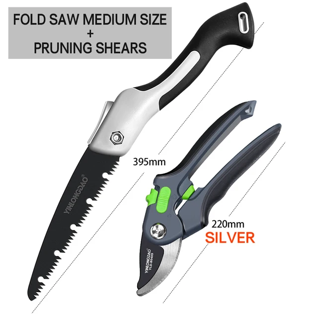 DTBD Plant Trim Horticulture Pruner Cut Secateur Shrub Garden Scissor Tool Branch Shear Orchard Pruning Shears Folding Saw Set Silver Set