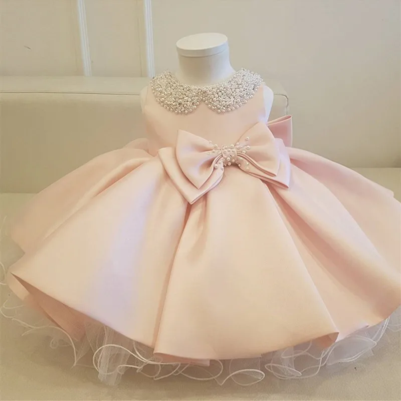 Satin Bead Bow Princess Dress White Wedding Tutu Dress Birthday Evening Party Dress Baby Dress for Girl Clothes 1 Year WG-003