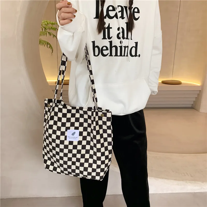 Chess Print Women Corduroy Canvas Tote Handbag Books Shoulder Bags Ladies Cloth Shopping Bag Vintage Plaid Design Cotton Purse