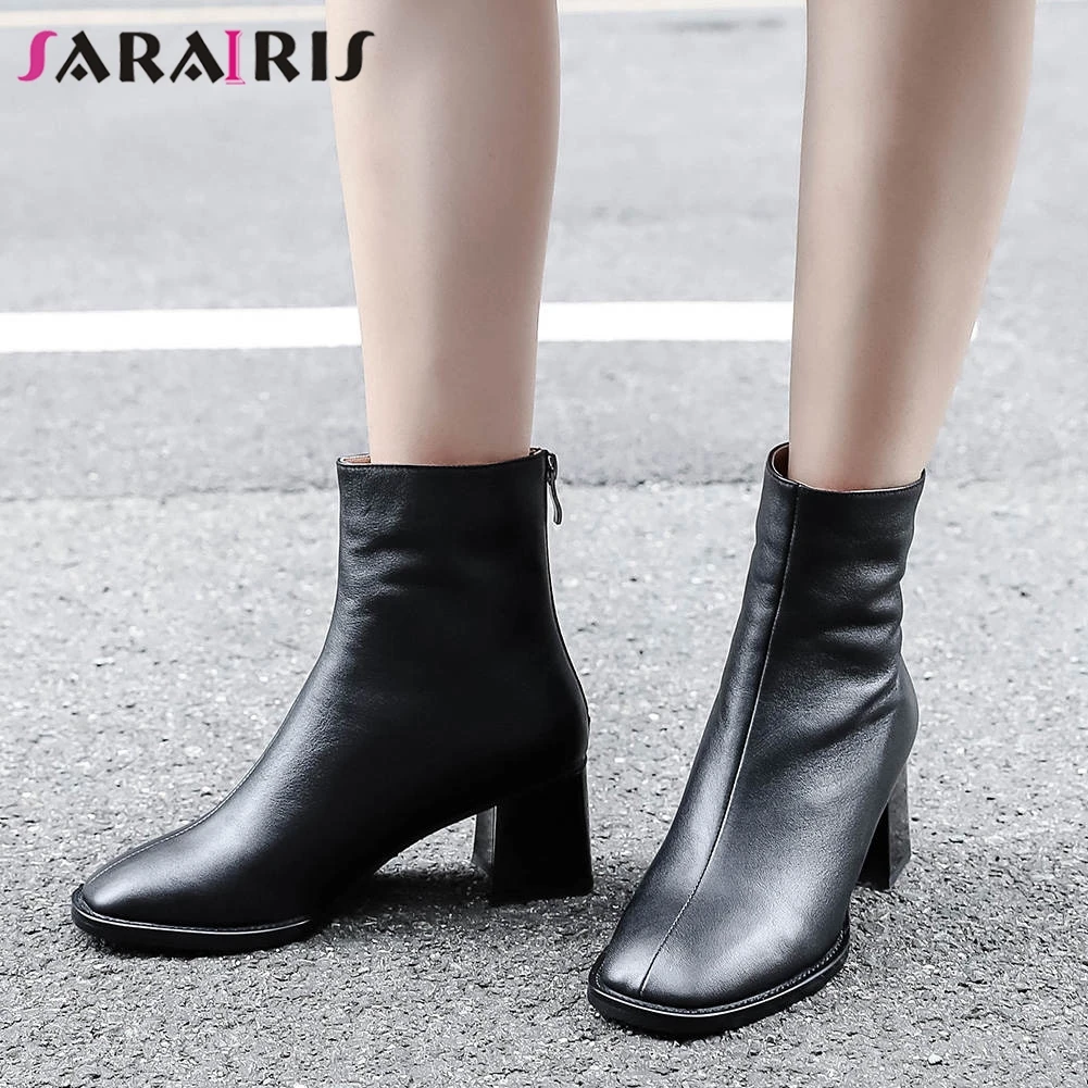 

SARAIRIS New Brand Black Work Booties Ladies Genuine Leather Ankle Platform Boots Women 2020 High Wide Heels Shoes Woman