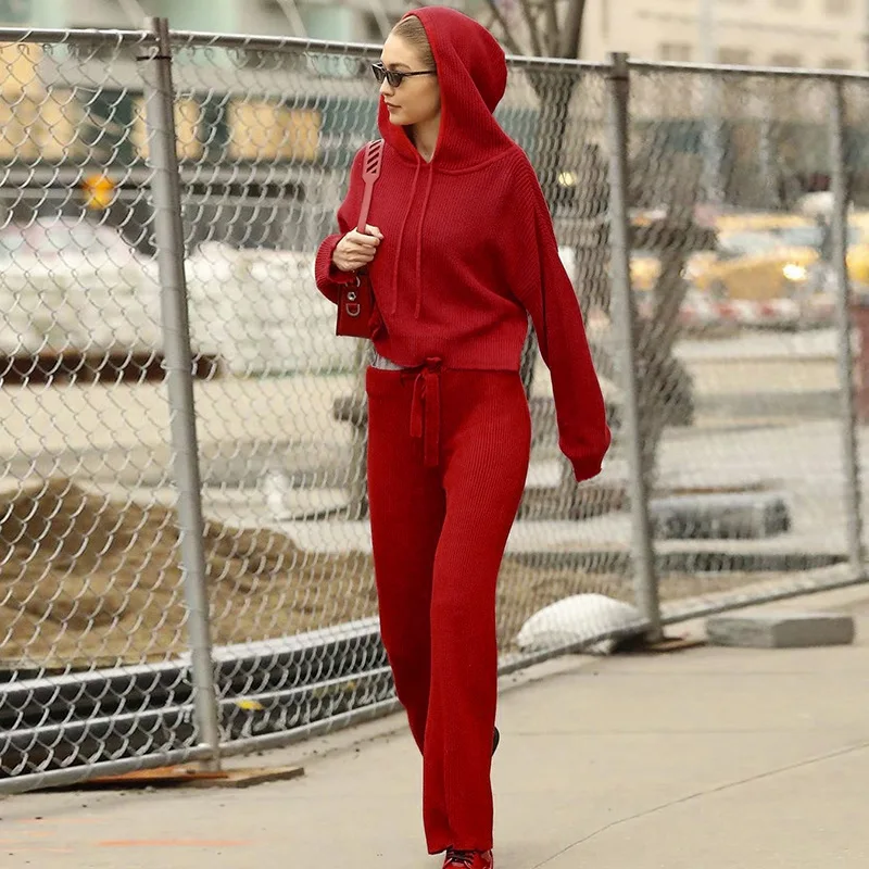 

2019 Autumn Women 2 Pieces Sets Knitted Women Set Sweatshirt High Waist Pants Oversize Tracksuits Hoodies Outfiits