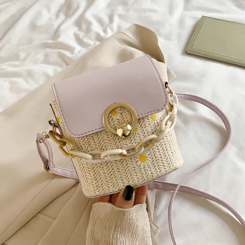 

Women's Straw Shoulder Bag 2020 Daisy Bucket Crossobdy Bags Women Woven Beach PU Leather Splicing Totes Lady Travel Handbag