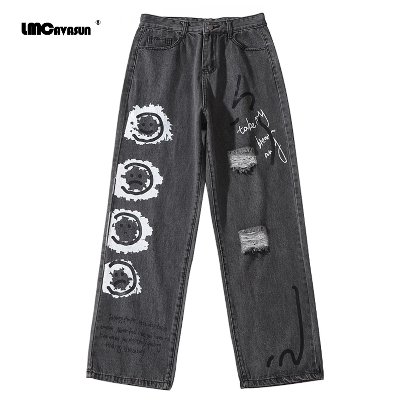 LMCAVASUN Smiley pattern graffiti ripped jeans men High street Harajuku style hip-hop jeans Casual loose straight denim trousers LMCAVASUN Smiley pattern graffiti ripped jeans men High street Harajuku style hip-hop jeans Casual loose straight denim trousers