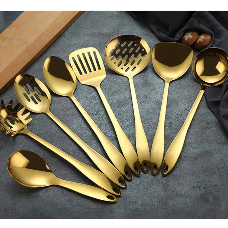 

Набор кухонной утвари, 8 шт., антипригарные кухонные принадлежности, золотые кухонные инструменты, приспособления, шпатель с прорезями, ложка, Тернер, ковш, подходит для посудомоечной машины