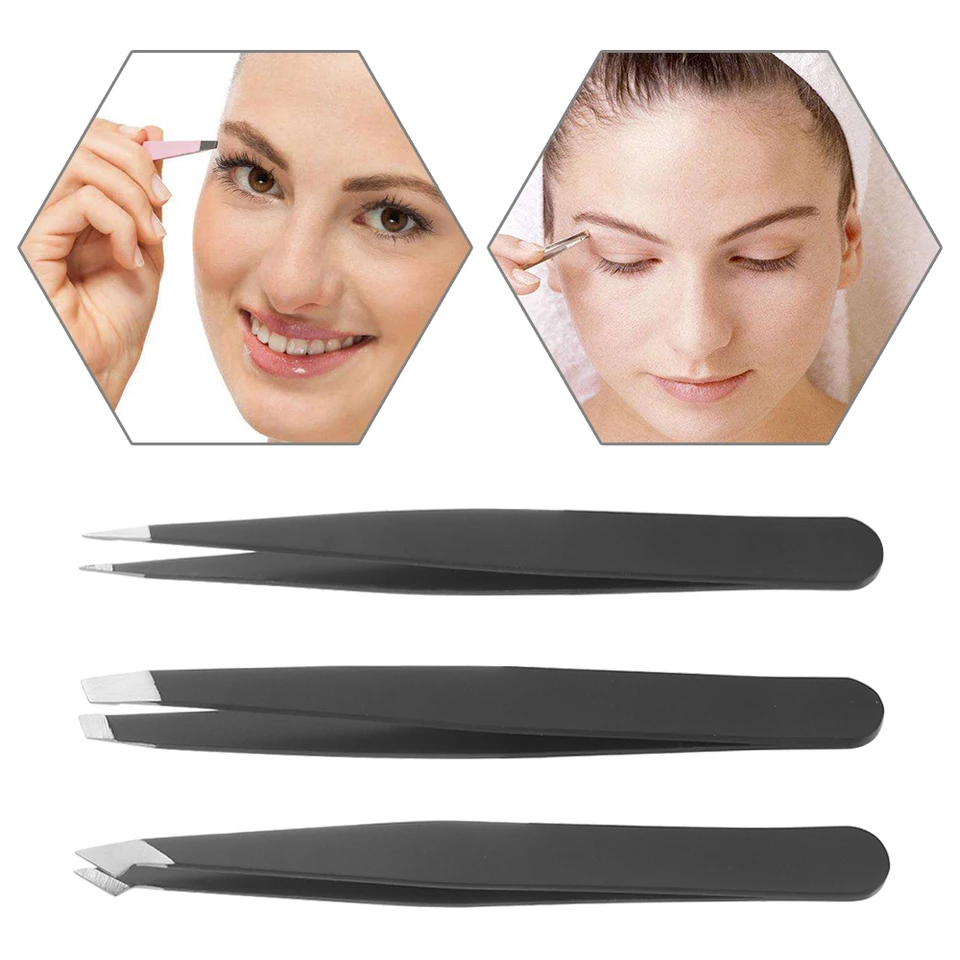 3 Pc Set Stainless Steel Flat Tip Eyebrow Tweezer Set Facial Hair