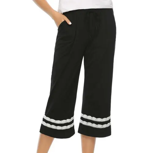 Hirigin повседневная женская пижама, пижамные штаны, укороченные штаны для отдыха, регулируемые - Цвет: Черный