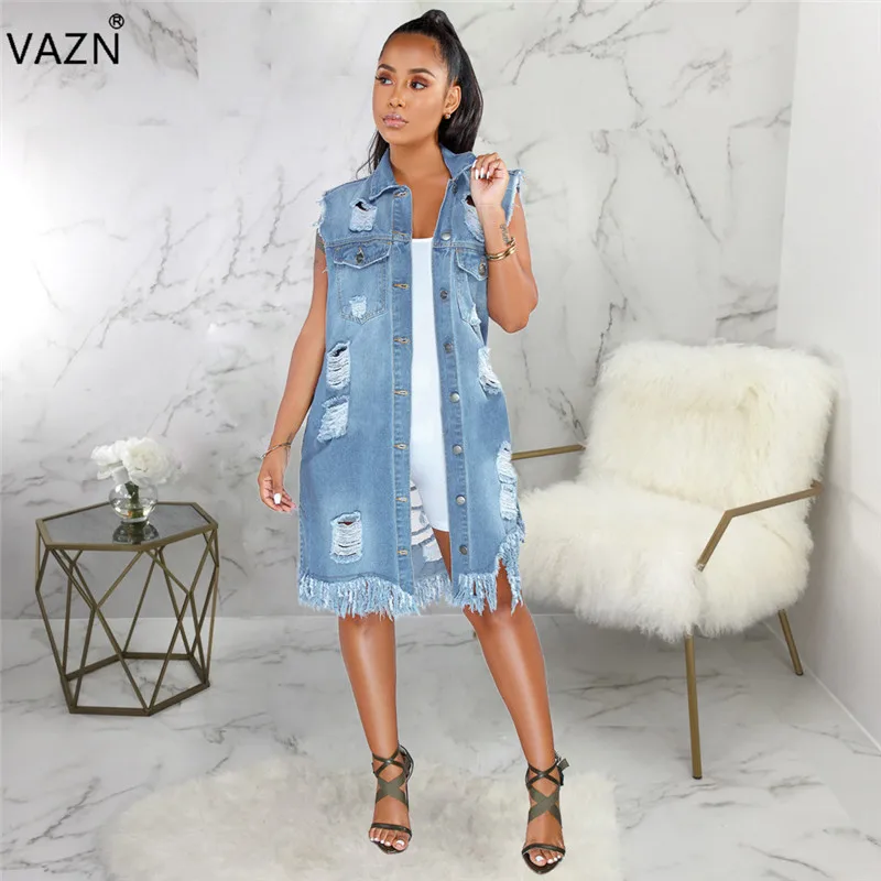 

VAZN SMR9327 New Age Reduction Sexy High Street Polo Neck Button Cardigan Popular Hollow Out Women Straighy Denim Midi Dres