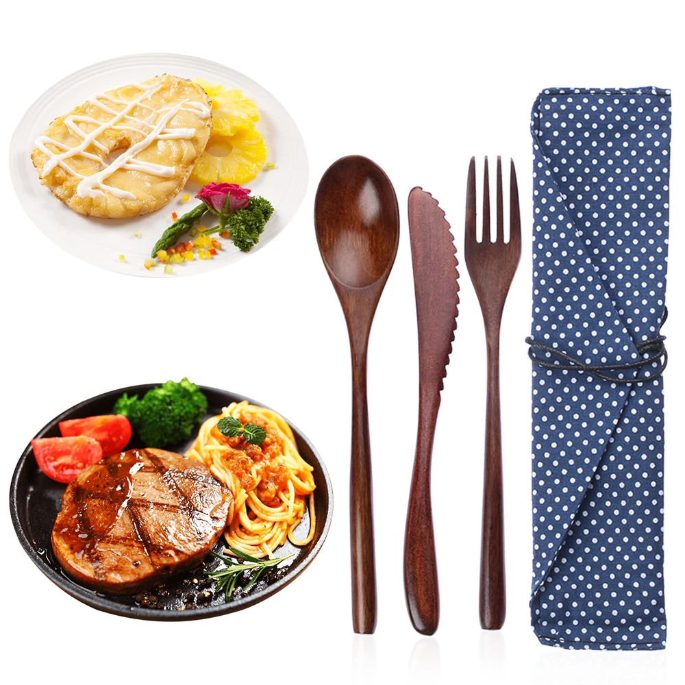 Wooden Cutlery Set Spoon Fork Cutter Reusable Wood Bamboo Flatware With Bag Portable Dinnerware Tableware Student Lunch Supplies picnic cutlery set western style cutlery set camping cutlery set cutlery set wooden cutlery set