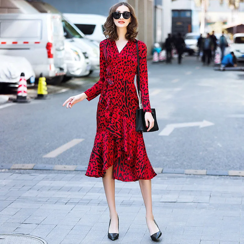 

Europe And America 2019 Early Spring WOMEN'S Dress New-Leopord Pattern V-neck Irregular Medium-length Fishtail Dress