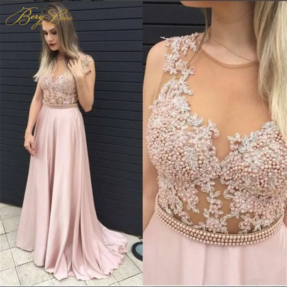 

BeryLove Sexy Nude Tulle Illusion Lace Appliques Pearls Light Pink Long Evening Dress 2019 Satin Prom Party Dress Crystal Belt