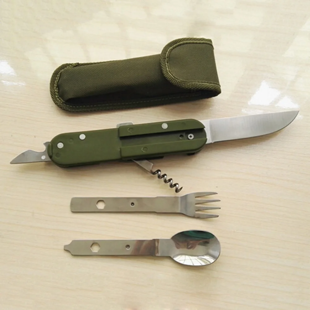 Stainless Steel Travel Kit Portable Army Green Folding Camping Picnic Cutlery Knife Fork Spoon Bottle Opener Flatware Tableware 2