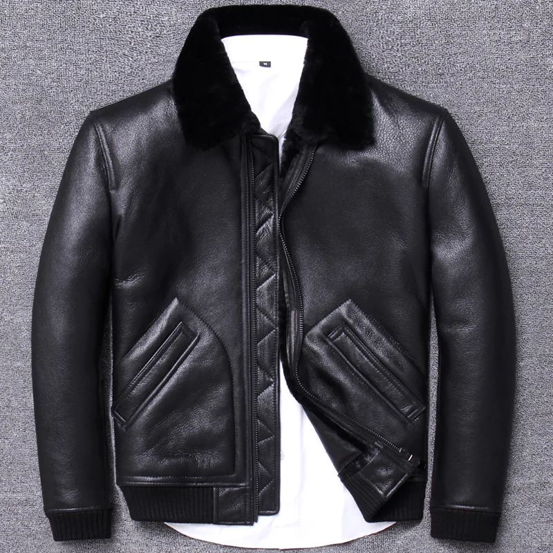 

2020 Winter Genuine Leather Jacket Sheep Shearling Coat for Men Real Wool Fur Lining Motorcycle Este Cuir Homme U204 KJ3196