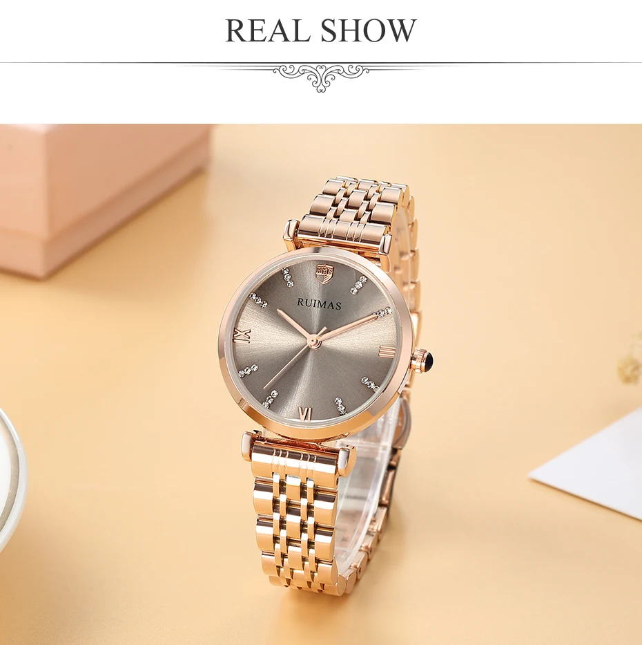 Модные Ruimas Для женщин часы Наручные часы Кварцевые женские золотые часы для охватывающая деталь из нержавеющей стали ссылки Relojes Mujer