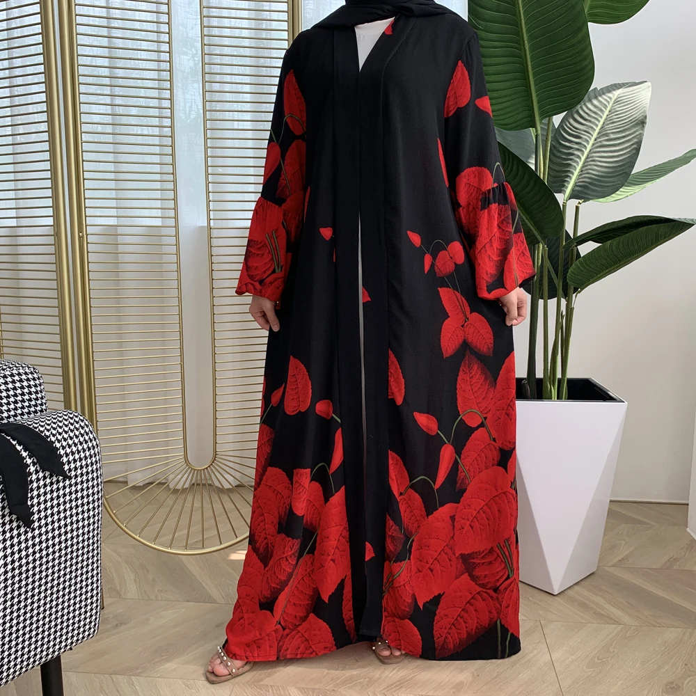 

Muslim Women Abaya Floral Printed Puff Sleeve Open Kimono Ramadan Islam Clothing Kaftan Long Dress Maxi Robe Middle East Summer