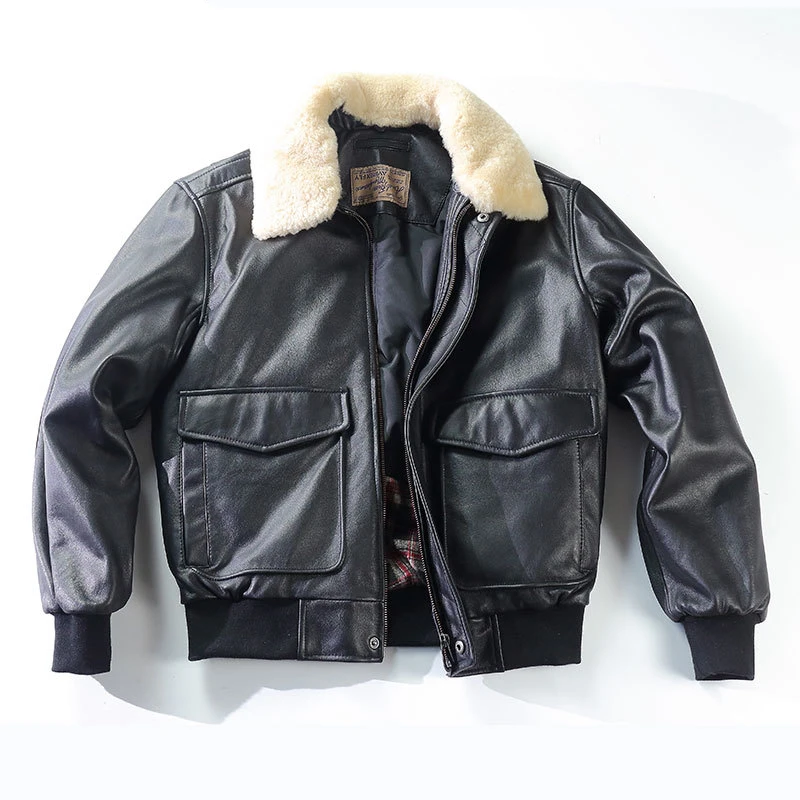 Куртка из натуральной кожи с меховым воротником, Мужская зимняя темно-коричневая куртка из овчины, куртка-пилот - Цвет: black