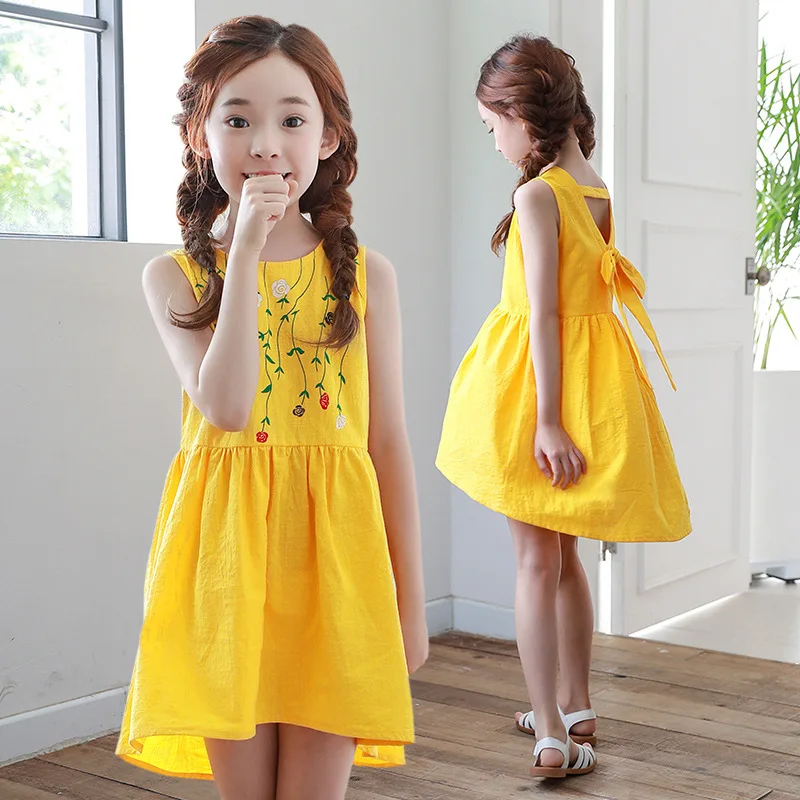 

2019 New Products Childrenswear Girls Korean-style Sleeveless Dress Pure Cotton Big Boy Backless Front Short Long Back Children