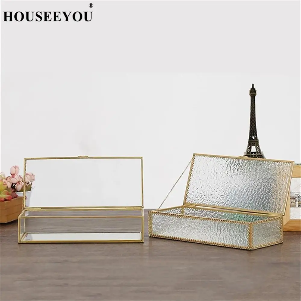 

Retro European Copper Strips Glass Made Jewelry Storage Box Organizer Lipstick Cosmetic Makeup Rack Display Stand Wedding Gifts