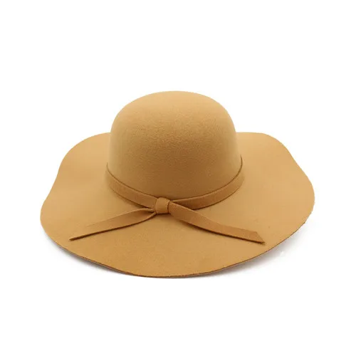 Фетровая шляпа для женщин, винтажный стиль, мягкая, с широкими полями, одноцветная лента, широкополая шляпа, элегантная шерстяная теплая фетровая шляпа - Цвет: Khaki