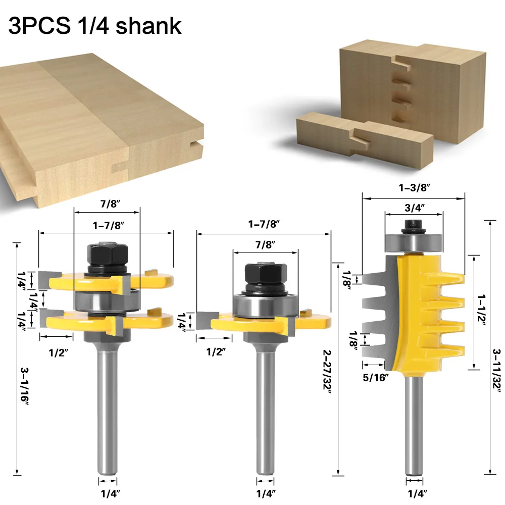 1/4" (6.35mm) Shank Tongue And Groove Router Bits Set With 8wing