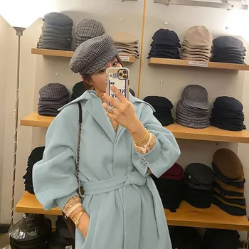 

Winter jacket ladies double-sided wool coat solid color simple loose large size with belt lapel women's long coat