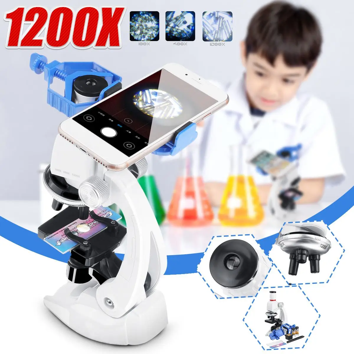 

Becornce 100X 400X 1200X Student Children Microscope Set W/ Mobile Phone Holder Science Education Gift Toys