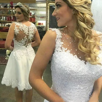 

Plus Size White Short Wedding Dress with Beading Lace Appliques Vestidos Cortos Arabic Women Bridal Dresses 2020 Beach Gowns