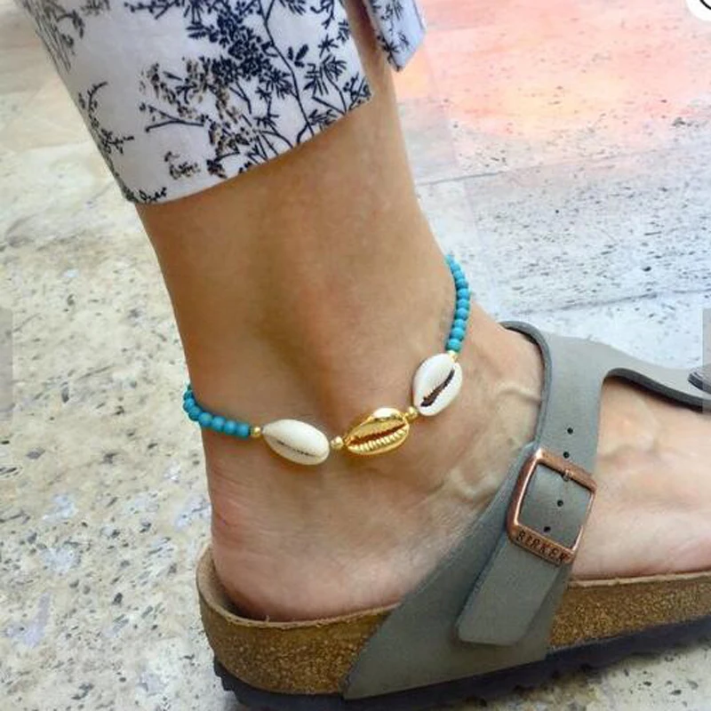 

docona Boho Blue Beeded Anklet Bracelet for Women Girl Gold Charm Shell Beach Leg Bracelet Adjustable Foot Jewelry 6966