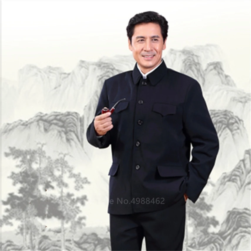 Man Classic Chinese Tunic Suit Retro Oriental Casual Slim Jacket+Pants Mandarin Collar Business Suit Solid Zhongshan Set