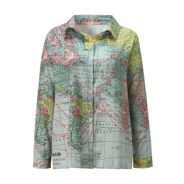 World Map Print Lapel Button Shirts Long Sleeve Loose Blouses 3