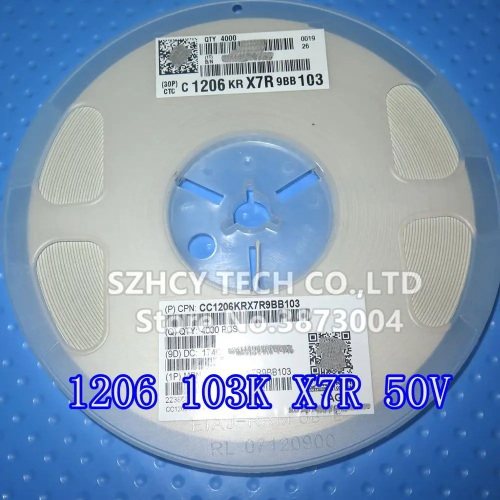 

4000 шт. 1206 10NF 50V 103K X7R CC1206KRX7R9BB103 Новый и оригинальный