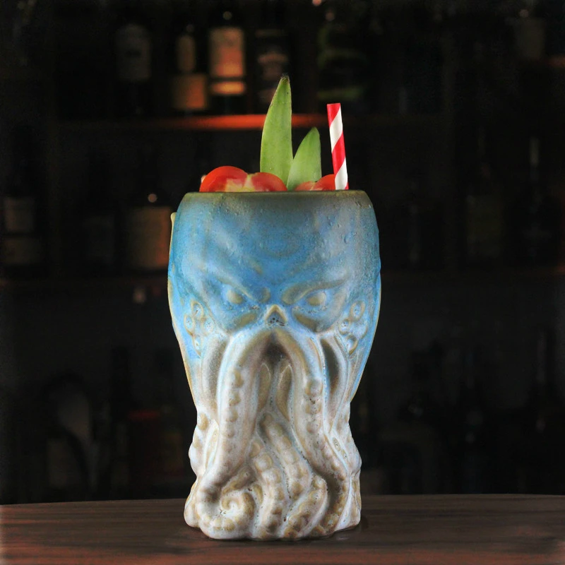 New American Style Octopus Old Man Design Tiki Cup Hawaii Ceramics Cocktail Glass Creative Cuttlefish Mojito Bar Party Wine Cup