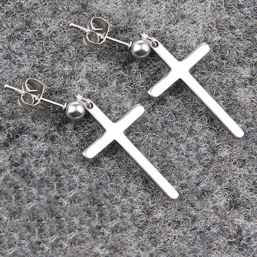 2 Pieces Religious Christ Cross Dangle Earrings Ball Studs with Stoppers Ear Piercings with Stoppers Pair