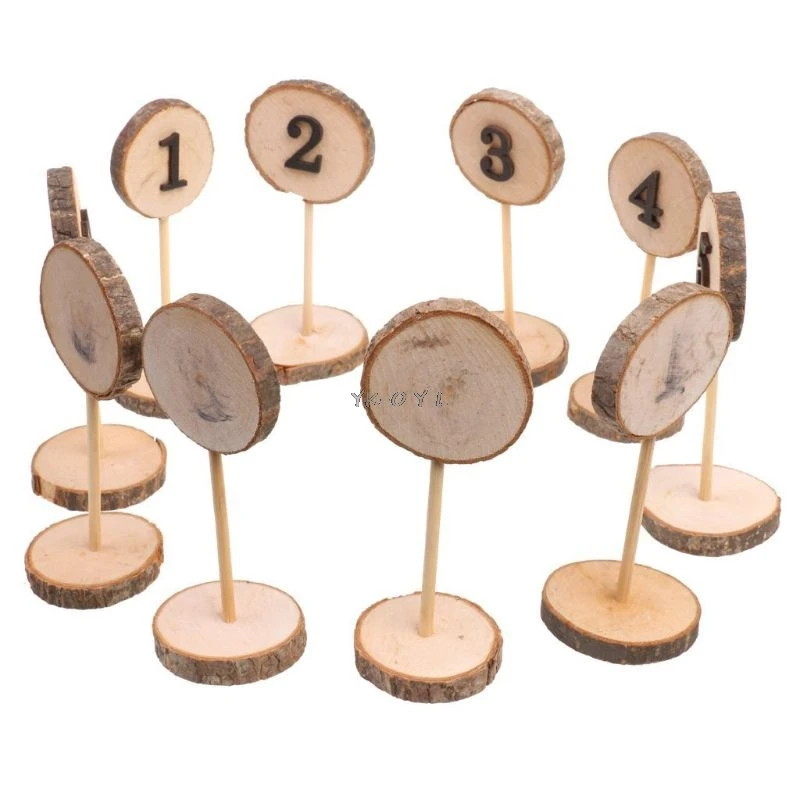 1-10 Rustic Wood Table Numbers Slices Stick Stand Base Seat Cards Decor Retro Wedding Party Supplies Party Direction Signs
