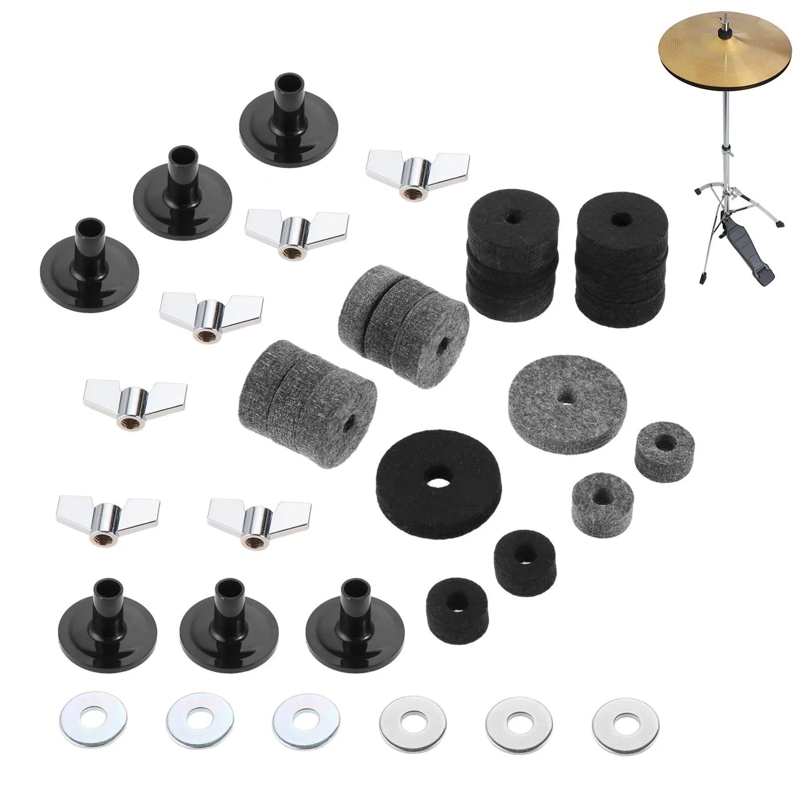 Cymbal Felts Hi-Hat Clutch Felt Hi Hat Cup Felt Cymbal Stand Sleeves Base Wing Nuts Washer for Drum Set 18Pcs