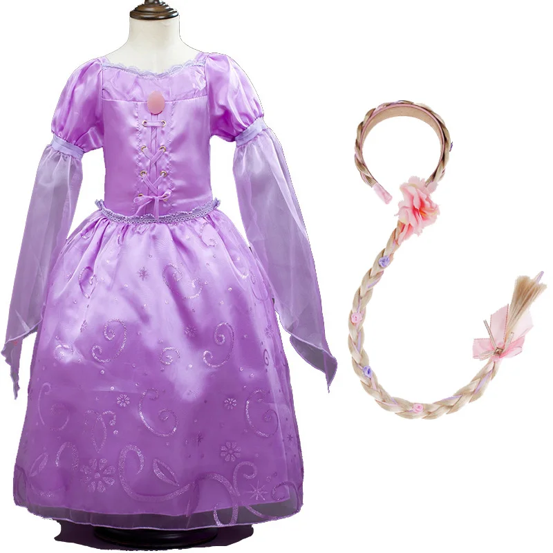 Платье принцессы Рапунцель для девочек; детская одежда с париком и аксессуарами; Детские Вечерние платья с длинными рукавами для дня рождения, карнавала, костюмированной вечеринки