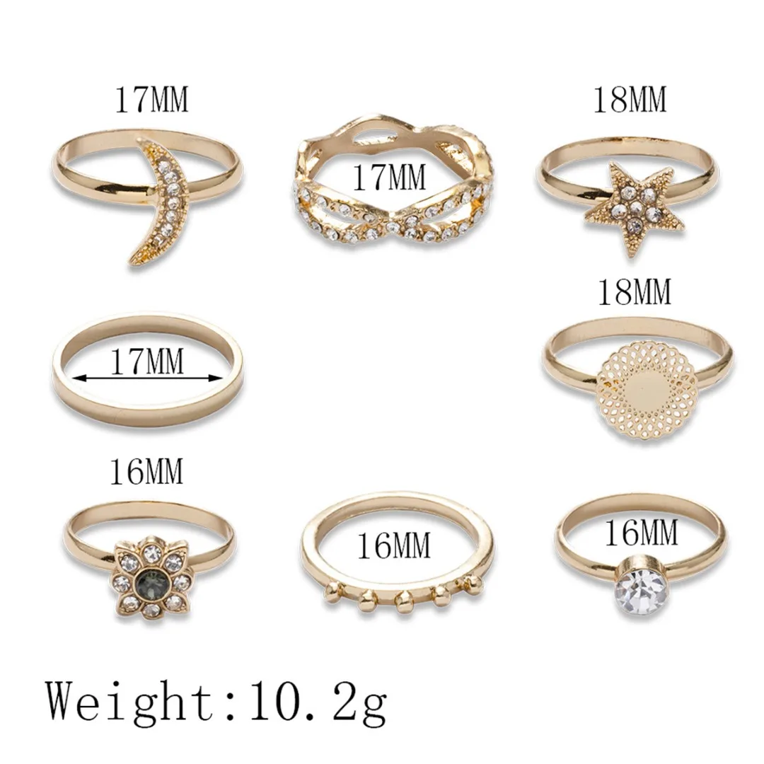 Rhinestone Flower Star Moon Ring Statement Women Gold Ring 8pcs Vintage Ethnic Style Knuckle Ring Set Bohemian Jewelry Shellhard