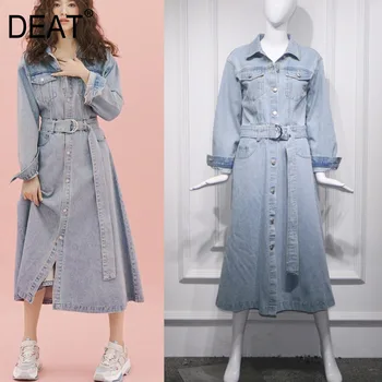 

DEAT 2020 New Turn-down Collar Full Sleeves Single Breasted Blue Light Denim Long Windbreaker dress Waist Belt WK99605XL