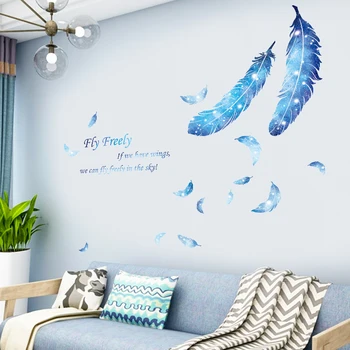 

Removable Blue Feather Wall Stickers for Living room Bedroom TV Backgorund Vinyl Wall Decals PVC Self-adhesive DIY Wall Murals